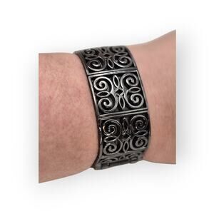 Dark Filigree Scrollwork Hinged Cuff Vintage Bracelet - Boho Gothic Witchy Dark